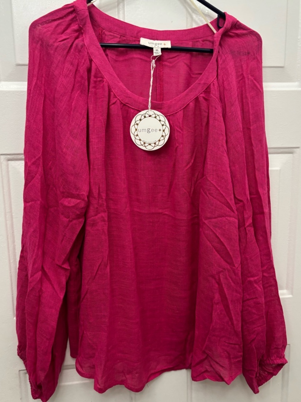 Umgee Linen/Rayon Blend Hot Pink Long-Sleeve Boho Peasant Tunic